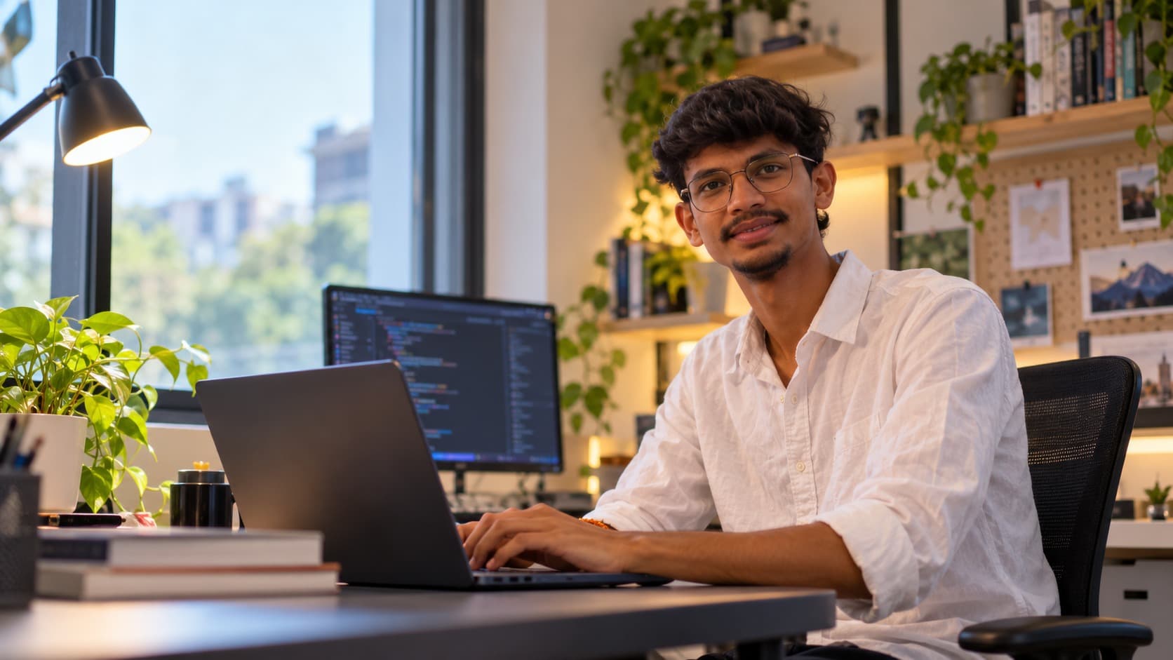 Sunil at his desk, typing on a laptop with code on the monitor behind him